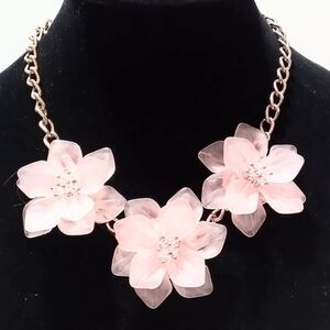 Romantic Frosted Pink Flower Gold Tone Statement Necklace